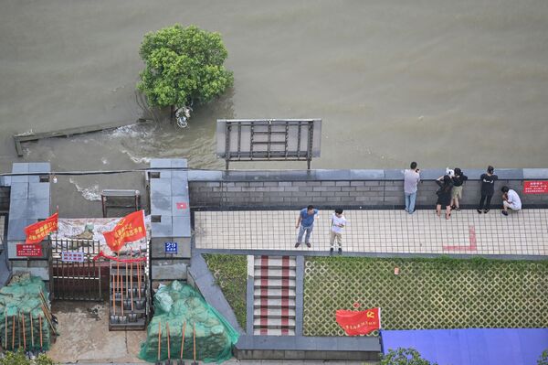 中国江西省九江市で、増水した長江を眺める地元住民ら（2020年7月15日） - Sputnik 日本