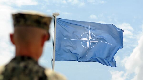Военнослужащий НАТО на фоне флага НАТО в Косово - Sputnik 日本