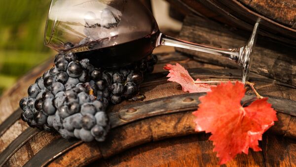 Виноградная лоза и вино в бокале на винодельческом предприятии Массандра в Крыму - Sputnik 日本