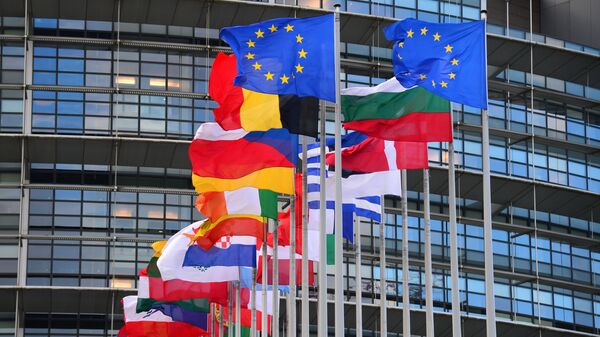 Флаги стран Евросоюза перед главным зданием Совета Европы в Страсбурге - Sputnik 日本