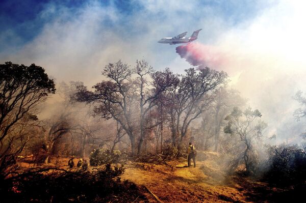山火事が発生した米カリフォルニア州アンダーソンで、難燃剤を投下するエアタンカー - Sputnik 日本