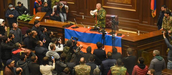 パシニャン首相の決定に不服の市民ら議会に突入 パシニャン首相の決定に不服の市民ら議会に突入 - Sputnik 日本