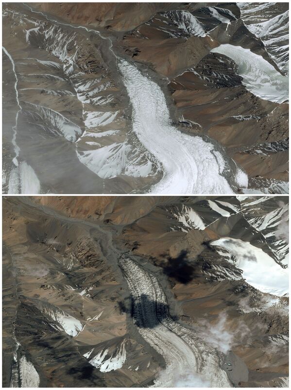 祁連山脈で最大の氷河Laohugou No.12の衛星画像。2018年9月20日（上）と2020年7月5日（下） - Sputnik 日本