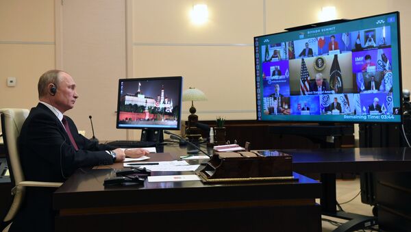 Президент России Владимир Путин принимает участие в работе саммита Группы двадцати в режиме видеоконференции - Sputnik 日本