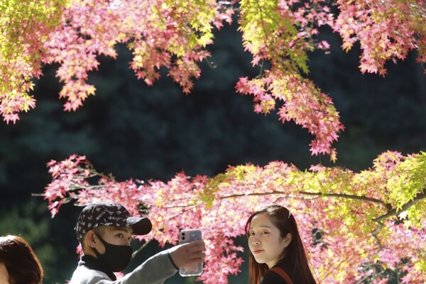 東京都内の公園で紅葉を背景にセルフィ（自撮り）をする人々 - Sputnik 日本