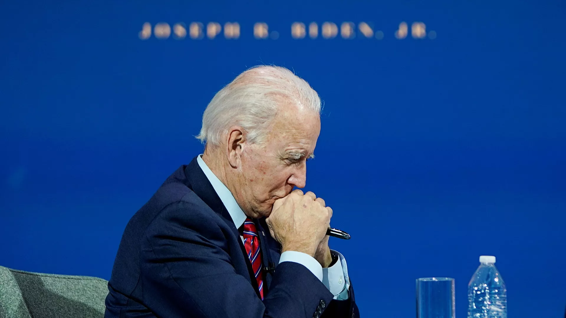 U.S. President-elect Joe Biden listens as he holds a videoconference meeting with members of the U.S Conference of Mayors at his transition headquarters in Wilmington, Delaware, U.S., November 23, 2020. REUTERS/Joshua Roberts