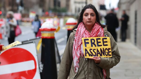 Сторонница основателя WikiLeaks Джулиана Ассанжа держит плакат в его поддержку у Центрального суда в Лондоне - Sputnik 日本