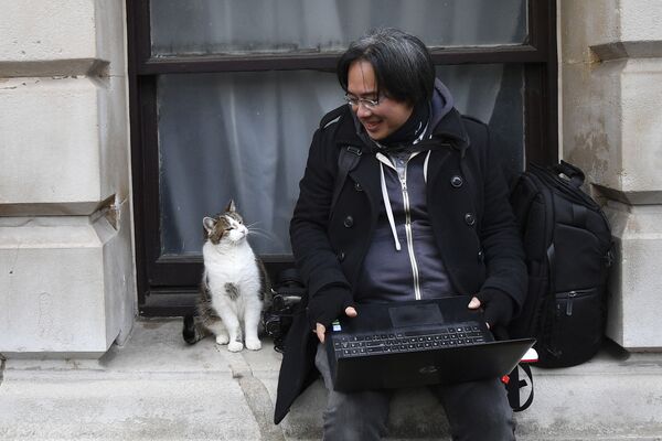 ダウニング街10番地で報道カメラマンと一緒に座るラリー（2020年12月9日） - Sputnik 日本