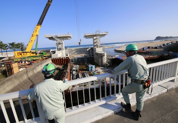 福島県いわき市で、マグニチュード7.4の地震で発表された津波警報が解除された後、建設中のゲートを見つめる作業員たち（2016年11月22日撮影） - Sputnik 日本