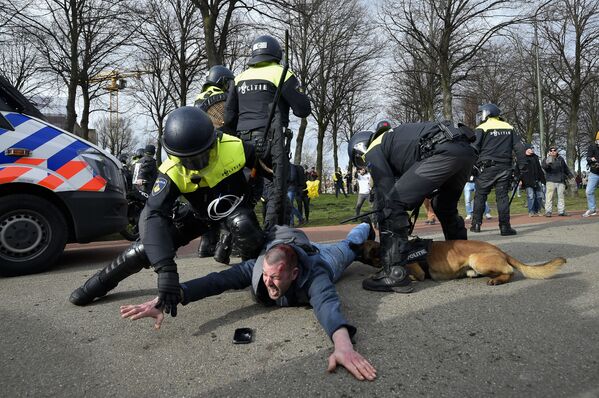 オランダのデン・ハーグで行われた反政府デモで男性を拘束する警察官 - Sputnik 日本