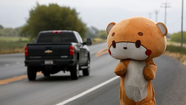 米カリフォルニア州ギルロイの道路をクマの着ぐるみを着て歩くジェシー・ラリオスさん - Sputnik 日本