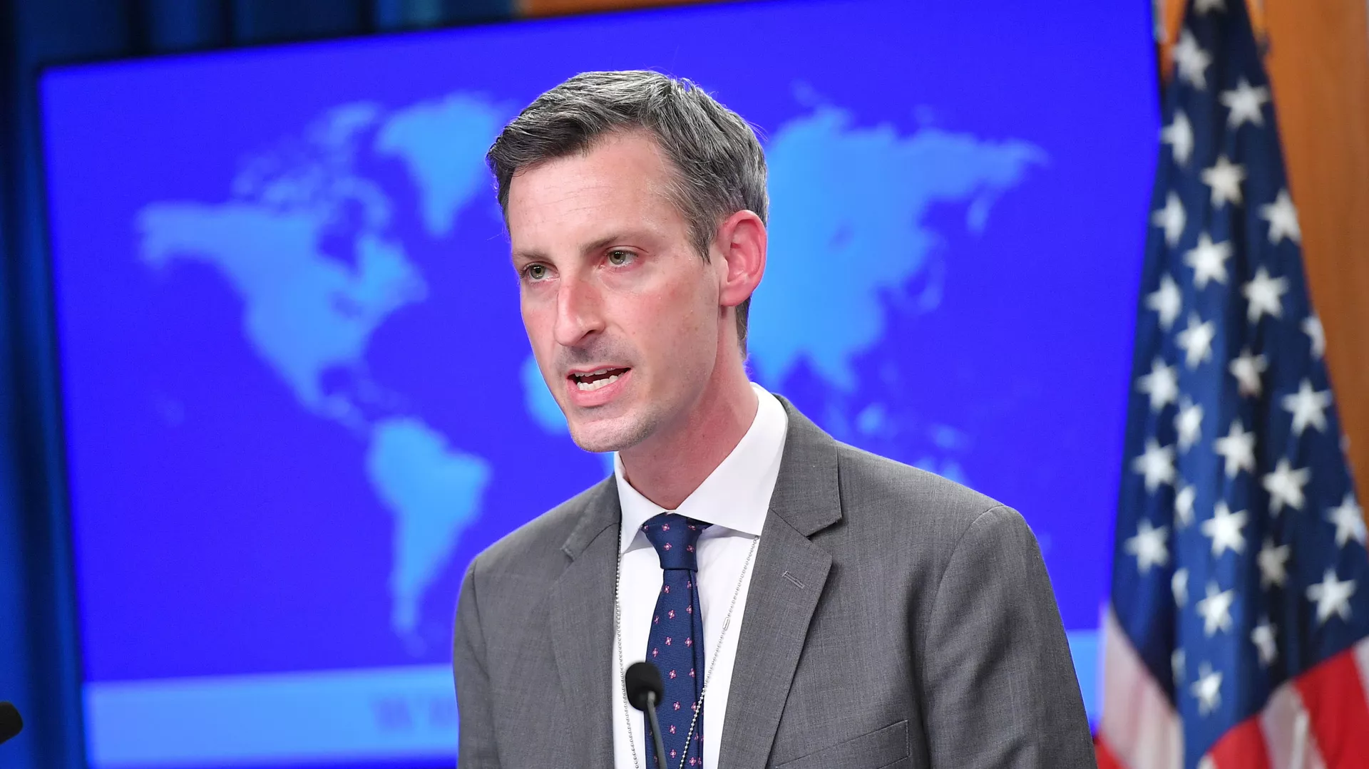 U.S. State Department spokesman Ned Price speaks during the release of the 2020 Country Reports on Human Rights Practices at the State Department in Washington, DC, U.S., March 30, 2021.