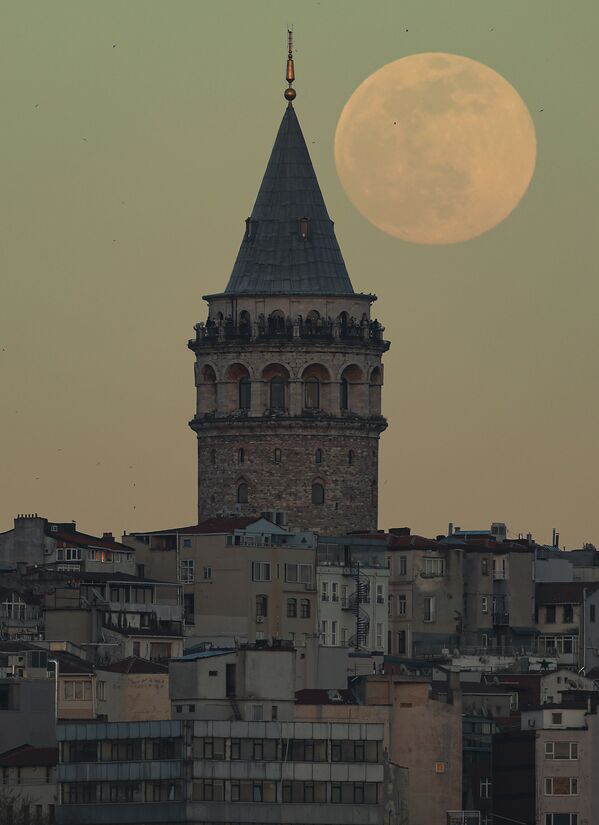 トルコ・イスタンブールのガラタ塔に重なるピンクムーン - Sputnik 日本