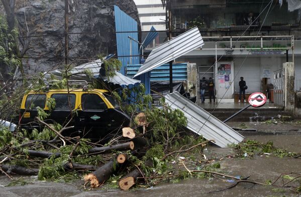 大型サイクロンが直撃したインド・ムンバイで、倒木の下敷きになった車 - Sputnik 日本
