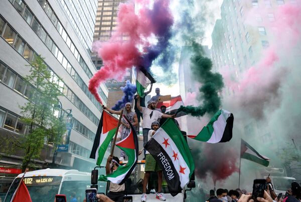 米ニューヨーク州マンハッタンのミッドタウンで、パレスチナとシリアの国旗を掲げて支援するデモ隊 - Sputnik 日本