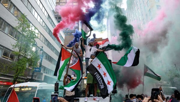 米ニューヨーク州マンハッタンのミッドタウンで、パレスチナとシリアの国旗を掲げて支援するデモ隊 - Sputnik 日本