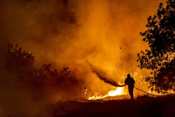 キプロスのトロードス山脈の麓で発生した大規模な森林火災で、消火活動にあたる消防隊員 - Sputnik 日本