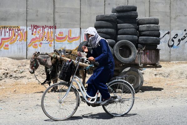 アフガニスタン・カブールで、ロバ荷車の横を自転車で走る青年 - Sputnik 日本