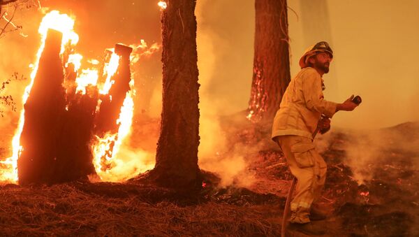 米カリフォルニア州テイラーズビル付近で発生した森林火災「ディクシー・ファイア」の消火活動にあたる消防士 - Sputnik 日本
