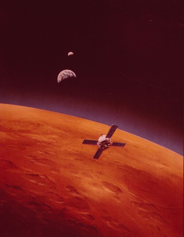 火星探査機「マリナー9号」が火星の軌道に乗る様子（コンセプトアート）（1971年11月13日）。初めて地球以外の惑星軌道に乗った探査機となった - Sputnik 日本