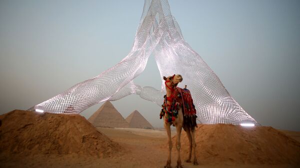 Верблюд у инсталляции итальянского художника Lorenzo Quinn на выставке Forever Is Now у пирамид Гизы в Египте - Sputnik 日本