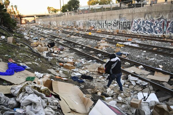 ユニオン・パシフィック鉄道の線路に散乱した荷物を回収する人（米カリフォルニア州・ロサンゼルス、14日） - Sputnik 日本