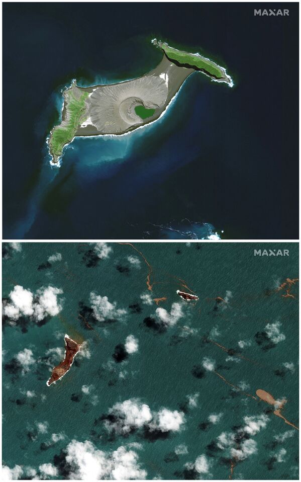 噴火前と噴火後のフンガ・トンガ＝フンガ・ハアパイ火山（上：2021年4月10日、下：2022年1月18日） - Sputnik 日本