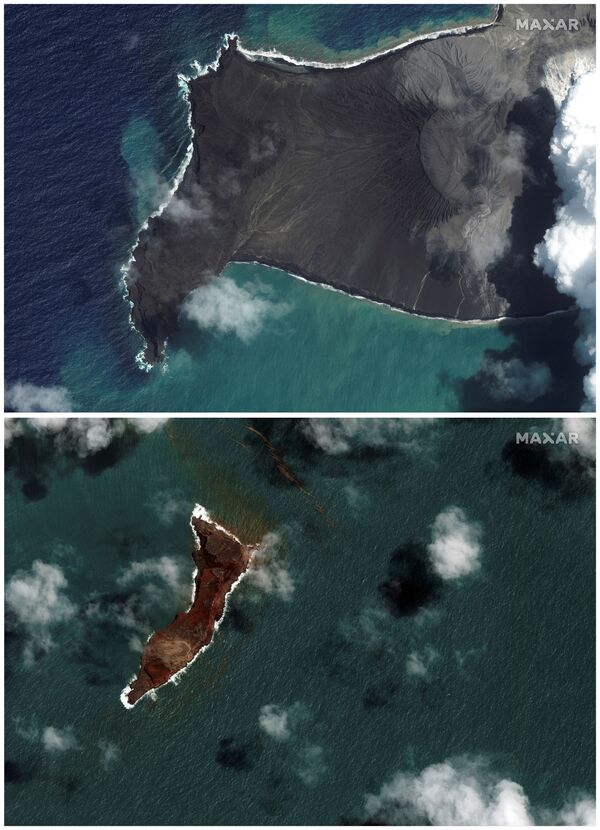 噴火前と噴火後のフンガ・トンガ＝フンガ・ハアパイ火山（上：2022年1月6日、下：2022年1月18日） - Sputnik 日本