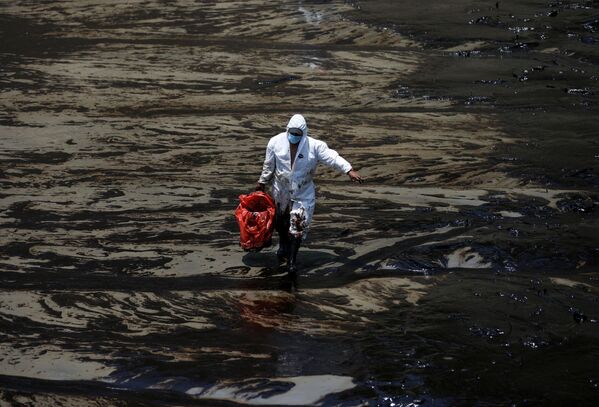 海岸で流出した原油を回収する作業員（ペルー・ベンタニージャ、18日） - Sputnik 日本