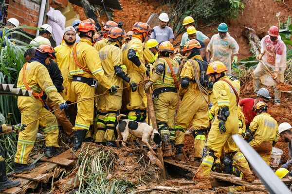 地すべりの現場で行方不明者の捜索活動にあたる消防隊員ら（ブラジル・サンパウロ州、1月31日） - Sputnik 日本