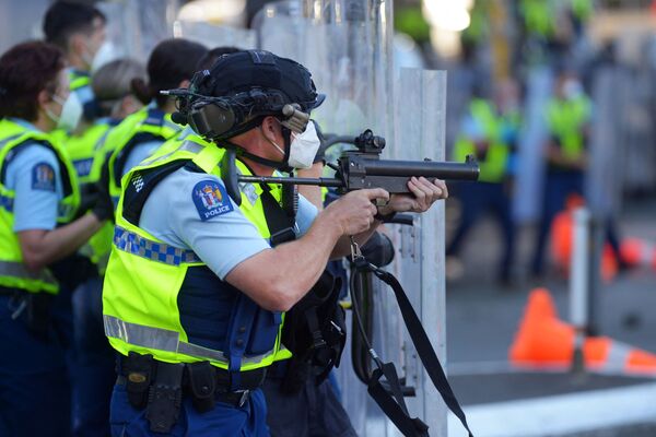 国会議事堂近くでデモ隊と対峙する警察（ニュージーランド・ウェリントン、2日） - Sputnik 日本