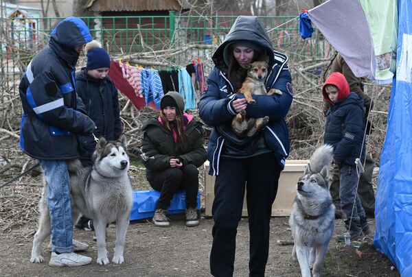 仮設宿泊所で犬と戯れるウクライナ・マリウポリからの避難民（ドネツク人民共和国、29日） - Sputnik 日本