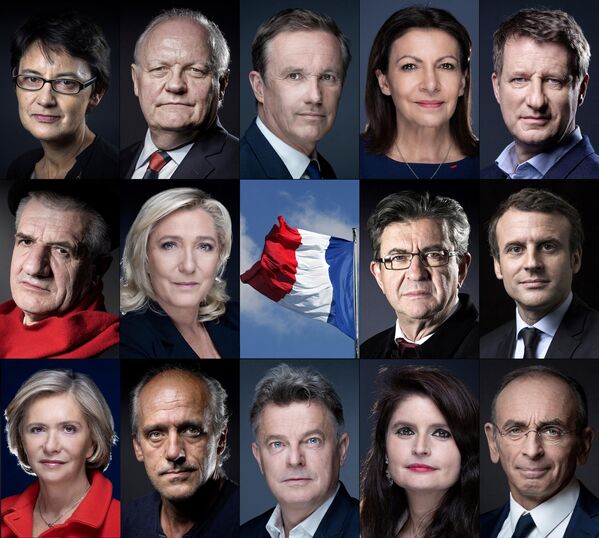 2022年フランス大統領選挙の主な立候補者（左上から右下）：ナタリー・アルトー氏（極左政党「労働者の闘争」スポークスマン）フランソワ・アスリノ氏（「人民共和連合（UPR）」党首）ニコラ・デュポン＝エニャン氏（「立ち上がれフランス」党首）アンヌ・イダルゴ氏（パリ市長・社会党）ヤニック・ジャド氏（環境政党「ヨーロッパエコロジー・緑の党（EELV）」党首）ジャン・ラサール氏（無所属国会議員）マリーヌ・ルペン氏（極右政党「国民連合（RN）」党首）ジャン＝リュック・メランション氏（左派政党「不服従のフランス」党首）エマニュエル・マクロン氏（現職大統領）バレリー・ペクレス氏（イル＝ド＝フランス地域圏知事）フィリップ・プトゥー氏（極左政党「反資本主義新党」党首）ファビアン・ルーセル氏（フランス共産党国会議員）エレーヌ・トゥ氏（動物党党首）エリック・ゼムール氏（極右政治評論家） - Sputnik 日本