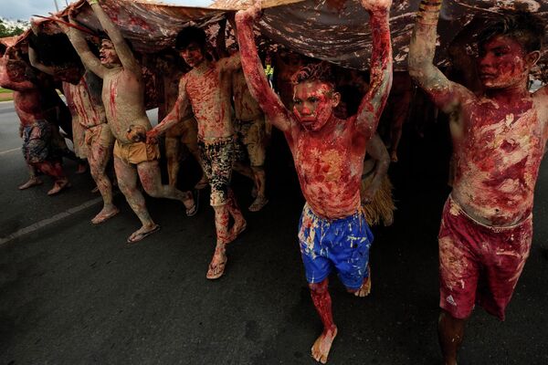 先住民の土地と権利の保護を求めるデモで、血を表す赤いインクと金を表す粘土を体に塗って行進する先住民ら（ブラジル・ブラジリア、11日） - Sputnik 日本