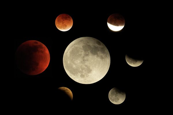 「ブラッドムーン」の皆既月食を撮影したコラージュ写真（米カリフォルニア州・テンプルシティ、15日） - Sputnik 日本