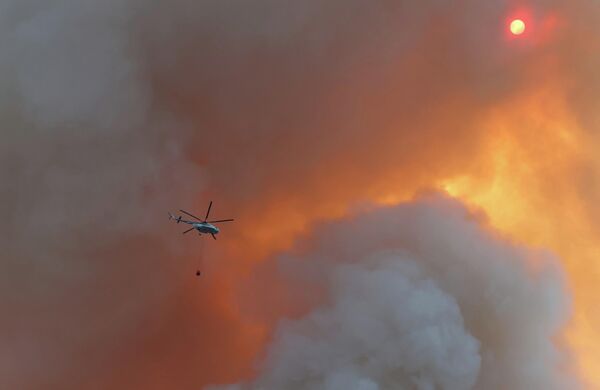 上空から森林火災の消火活動にあたるヘリコプター（トルコ・ムーラ県、13日） - Sputnik 日本