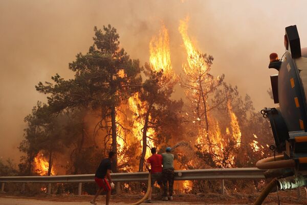 森林火災の消火活動を手伝う地元住民ら（トルコ・ムーラ県、13日） - Sputnik 日本