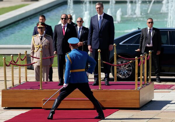 セルビア宮殿の儀仗兵を視察するエジプトのアブデル・ファタハ・エル・シーシ大統領（中央左）とセルビアのアレクサンダル・ヴチッチ大統領（中央右）（セルビア・ベオグラード、20日） - Sputnik 日本