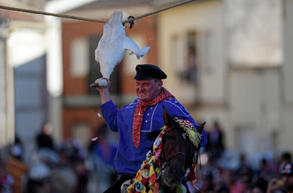 「聖ヤコブ祭」で、馬に乗って死んだガチョウの首を引きちぎる騎手（スペイン・トレド、25日） - Sputnik 日本