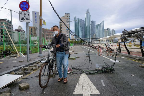 台風11号通過後、垂れ下がる電線の下を自転車で通る男性（韓国・釜山、6日） - Sputnik 日本