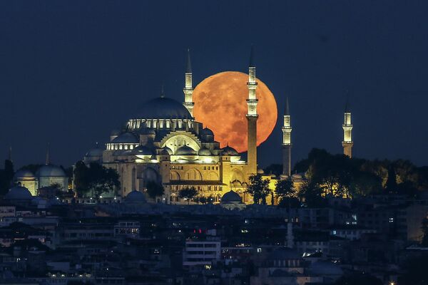 スレイマニエ・モスクの背後に沈む満月（トルコ・イスタンブール、10日） - Sputnik 日本
