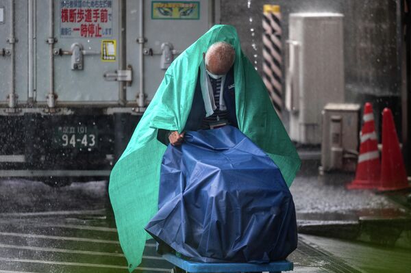 大雨の中、ビニールシートをかぶせて台車を押す作業員（東京都台東区、18日） - Sputnik 日本