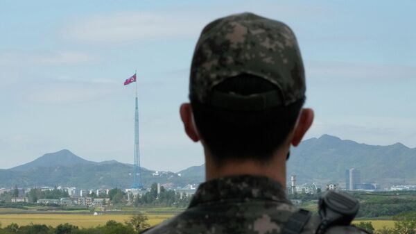 坡州の韓国軍兵士と北朝鮮国旗 - Sputnik 日本