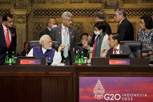 G20サミットのセッションに出席するインドのモディ首相（左）とインドネシアのジョコ大統領（インドネシア・バリ島、16日） - Sputnik 日本
