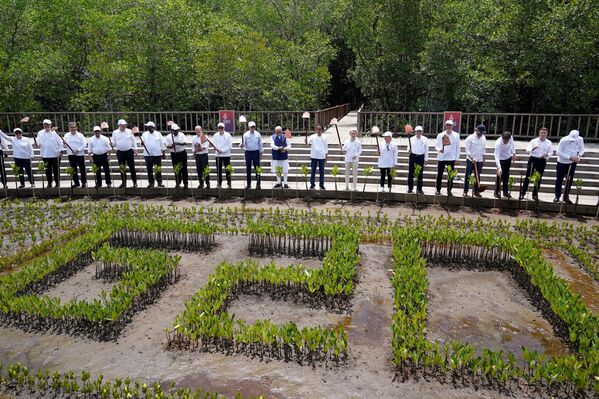 11月15日、インドネシア・バリ島のヌサドゥアでG20サミットが開幕。16日、植樹イベントで首脳陣が鍬を手に記念撮影 - Sputnik 日本
