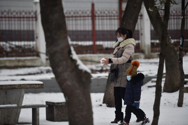 2022年12月3日に撮影。初雪が降ったピョンヤンのポトンガン地区で母親と子どもが散歩をしている - Sputnik 日本