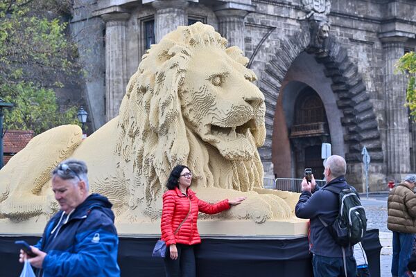 ハンガリー・ブダペストに飾られた、国内最古の橋「鎖橋」のライオン像の一つを再現したレゴのライオン像。ライオン像は実物大で、レゴ公式マスタービルダーのバラージュ・ドッチー氏が85万個のレゴブロックを使って560時間かけて完成させたもの（2022年10月28日撮影） - Sputnik 日本