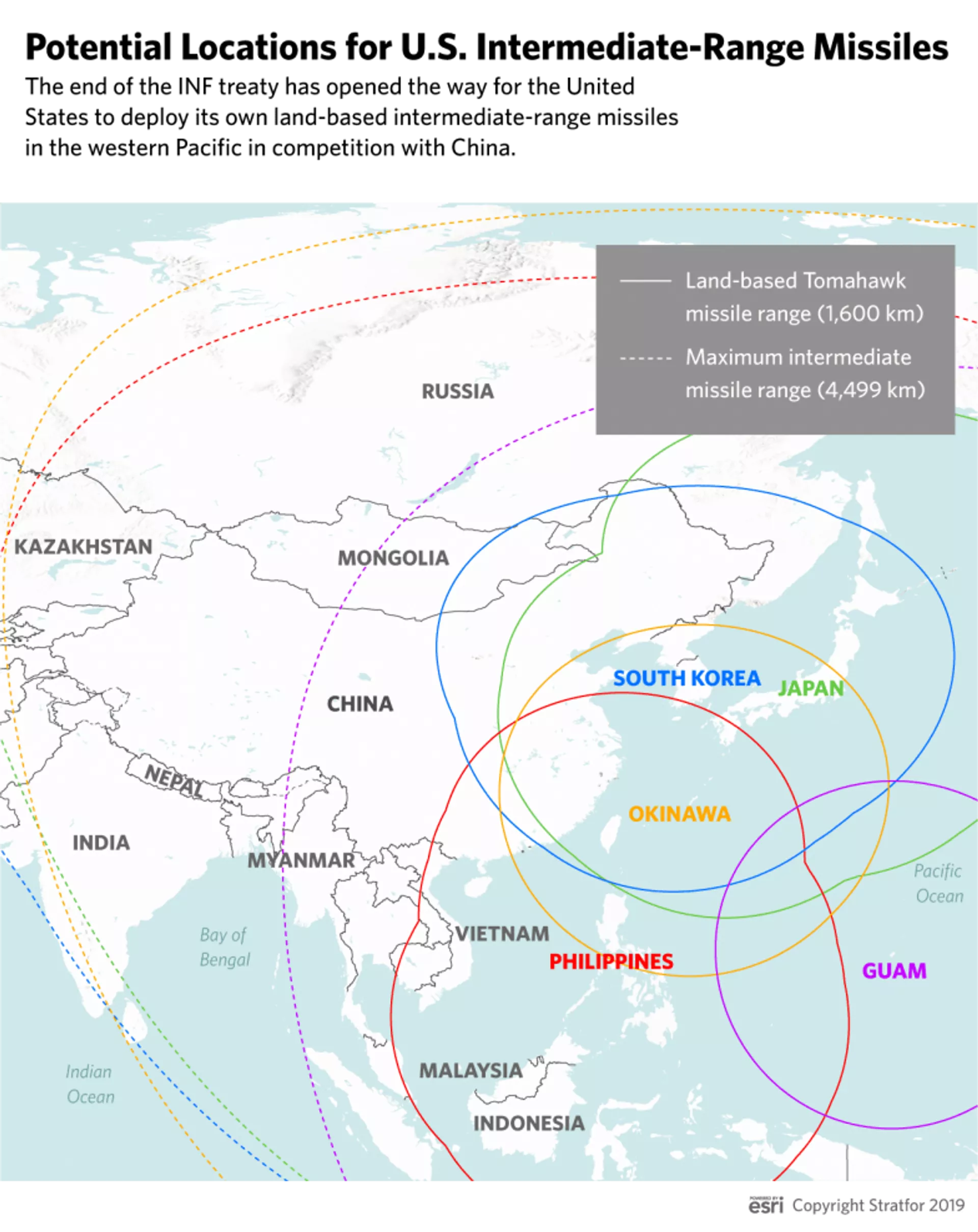 Potential operational range of US Tomahawk cruise and intermediate-range ballistic missiles if deployed near China in a map by Stratfor. - Sputnik 日本, 1920, 17.02.2023