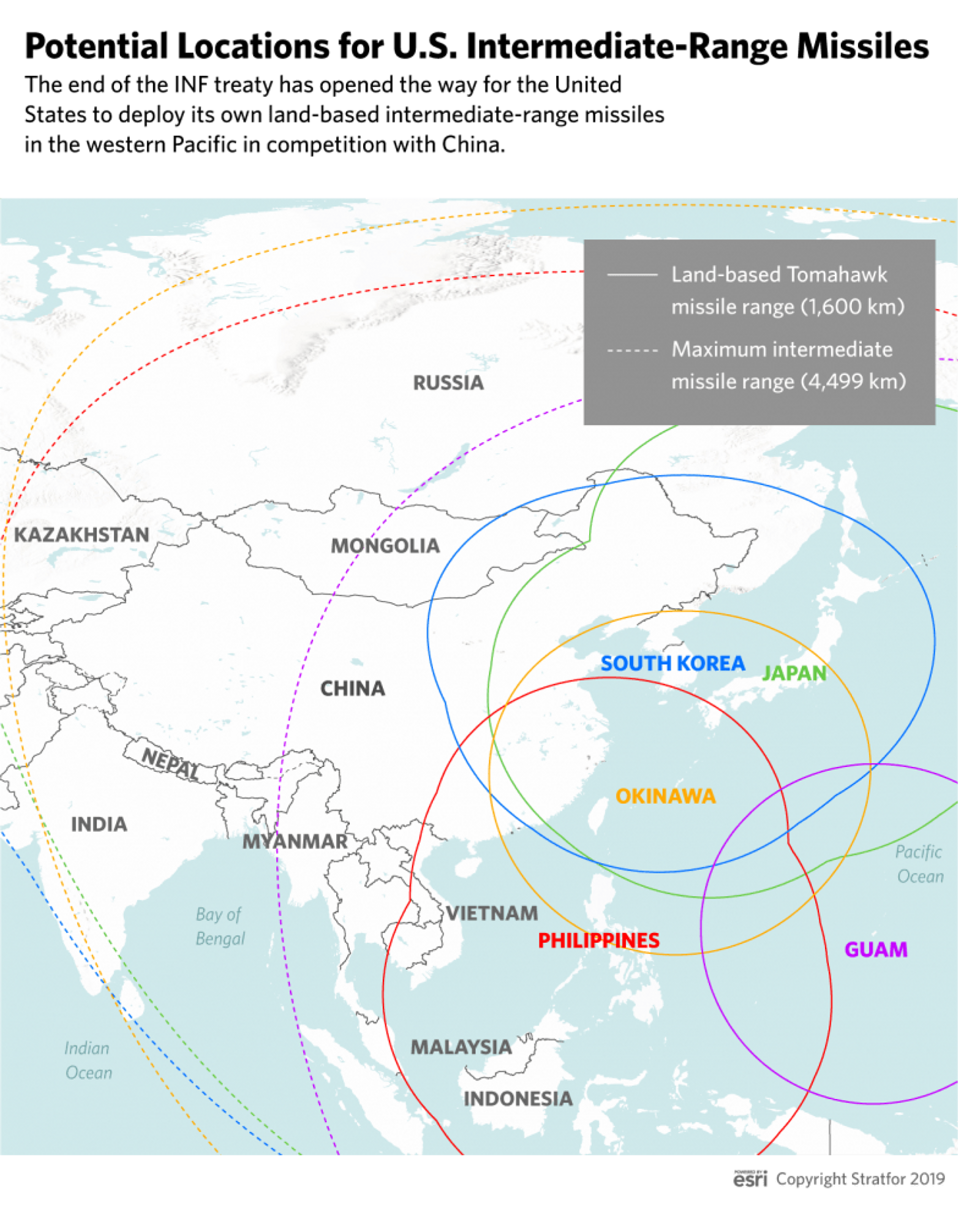 Potential operational range of US Tomahawk cruise and intermediate-range ballistic missiles if deployed near China in a map by Stratfor. - Sputnik 日本, 1920, 17.02.2023