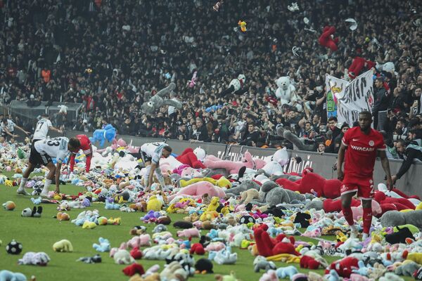 ボーダフォン・アリーナで行われたサッカーの試合で、地震で被災した子どもたちに寄付するためにピッチに投げ入れられたぬいぐるみ（トルコ・イスタンブール、26日） - Sputnik 日本
